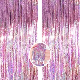 Pink Backdrop Streamers AILEXI 2 Pack 1 m x 2.5 m Metallic Tinsel Foil Fringe Curtains for Photo Booth Party Decor
