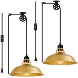 Lomoky Plug in Gold Pendant Light, Mid Century Hanging Lights with Plug in Cord 14.76ft, Adjustable Pulley, Rustic Hanging Ceiling Lamp with On/Off Switch for Kitchen, Living Room, Pool Table (2 Pack)