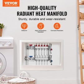 VEVOR 5-Branch PEX Tubing Manifold, Stainless Steel Manifold for Hydronic Radiant Floor Heating, Kit with 1/2" Adapters Included