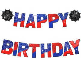 Spider Theme Happy Birthday Banner, Red and Blue Birthday Banner with Ribbon and Threader for DIY Hanging Party Backdrop