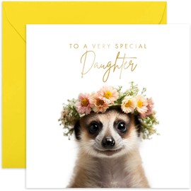 Old English Co. Baby Meerkat Very Special Daughter Card - Meerkat Floral Cute Birthday Card for Her - Cute Well Done Congratulations Cards for Daughter from Family Friends | Blank Inside Envelope