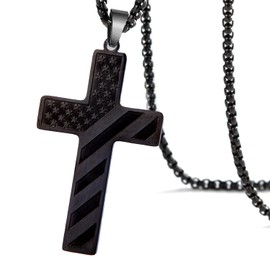 SAELACY American Flag Cross Necklace for Men with Bible Verse Joshua 1:9 Black Silver Tone Stainless Steel Christian Pendant Necklace Box Chain (Joshua 1:9, black, chain length:24")