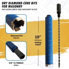 1-5/8" Dry Diamond Core Bit for Brick and Block with 5/8"-11 Pilot Bit Adapter, 9.5" Drilling Depth, 5/8"-11 Arbor