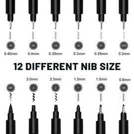 scondou Set of 12 Fineliner Ink Pens, Micro Pens, Black, Various Nib Sizes, Waterproof Ink, Perfect for Drawing, Sketching, Writing, Journaling