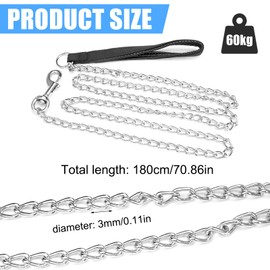 Robust Metal Dog Lead, 180 cm Long Bite-Resistant Dog Lead with Soft Padded Handle, Corrosion and Rust Resistant Sports Lead Metal Training Dog Lead Chain for Large and Medium Dogs