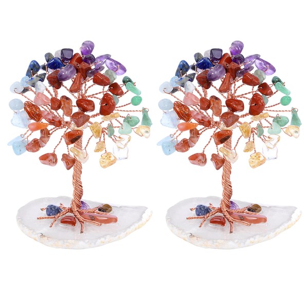 GEHECRST Pack of 2 Mini Feng Shui Money Tree of Life Natural Stone Crystal Tree Wire Wrap Tumbled Stones Crystal Tree with Agate Base for Wealth and Happiness, Family Office Decoration (7 Chakra)