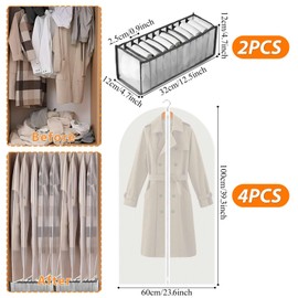 Garment Bags with Zip, Socks Organiser Drawer, Pack of 4 Transparent Clothes Protective Covers and 2 Pieces 11 Grid Grey Underpants Organiser for Ties, Belts