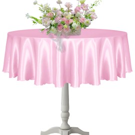 KKJIAF 1 Pack 60 Inch / 5ft Round Table Cloth, Light Pink Overlay Round Satin Table Cover, Silky Satin Dining Tablecloths for Wedding Buffet Parties Banquet Decoration