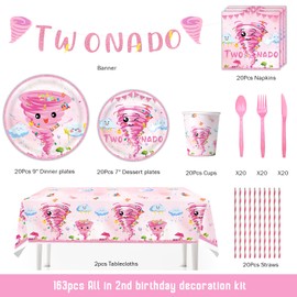 Party Inspo Tornado 2nd Birthday Party Decorations Girl – 163PCs Two Nado Birthday Supplies Tableware Set with Plates, Napkins, Forks, Cups Banner, Tablecloth for Pink 2 Year Old Girl Party