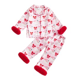 Kuriozud Toddler Kids Little Girls Christmas Satin Pajamas Santa Bow Print Feather Trim Sleeve Button Down Sleepwear Pjs Set (Santa Bow Print=Pink, 2-3 Years)