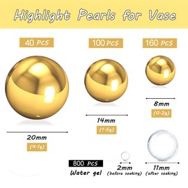 Cusmation 300 Pcs Brightgold Faux Pearls and 1600Pcs Clear Water Gel Bead, Floating Beads Gloss Pearl for Centerpieces Vase Fillers Home Wedding Decoration 8/14/20 mm