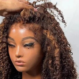 2/30 Ombre Brown Highlight Kinky Curly Human Hair Wigs with Curly Baby Hair 180% Density 13X4 HD Transparent Lace Front Wig Pre Plucked 4C Kinky Edges Brazilian Hair Glueless Wigs For Woman 14Inch