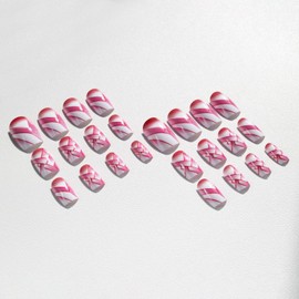 Square Press on Nails Medium Fake Nails with Designs Red Lines Stick on Nail Retro Red Gradient Acrylic False Nail Glossy Artificial Nail Full Cover Glue on Nails for Women