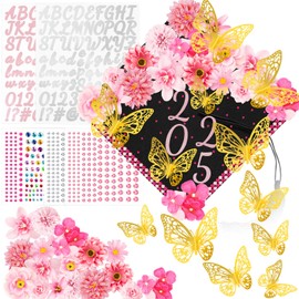 Graduation Cap Decorations Kits Faux Flower 3D Butterfly Rhinestones Glitter Alphabet Letter Sticker Pink Flower DIY Graduation Cap Decorations for Grad Cap Topper Graduation Party DIY Crafts
