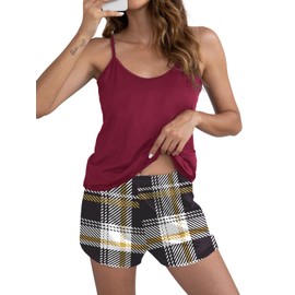 POKWAI Womens Cami Tank Shorts Pajama Sets Soft Summer Cool 2 Piece Pj Ladies Pajamas Sleepwear(Black Plaid Red,Large)