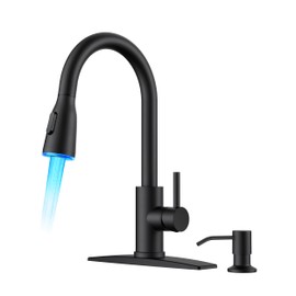 FORIOUS LED Kitchen Faucet with Soap Dispenser and Pull Down Sprayer, Matte Black High Arc Single Handle 3 Modes Stainless Steel Bar Faucet for Kitchen Sink RV Laundry Camper