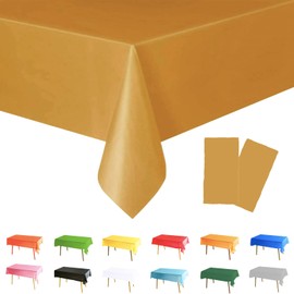 POPOYU 2Pcs 137 * 274cm Gold Table Cloth Table Covers,Christmas Party Rectangular Dining Table Cover Gold Tablecovers Plastic Tablecloths for Picnic,Christmas,Birthday Parties Decorations