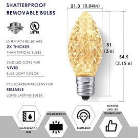 AIDDOMM 25 Pack C7 Warm White LED Replacement Christmas Light Faceted Bulbs, 0.72W, 2 SMD LEDs in Each Light Bulb, E12 Base, Commercial Grade Replacement Bulbs Dimmable Waterproof