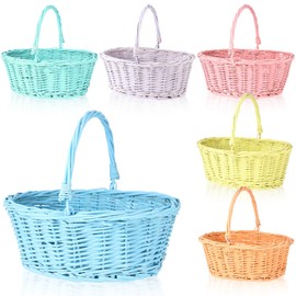Barydat 6 Pcs Small Wicker Picnic Basket with Handle Flower Girl Baskets Oval Willow Woven Braided Gift Basket for Easter Weddings Baby Shower Home Garden Decor(12'' X 9'' X 5'',Multicolor)