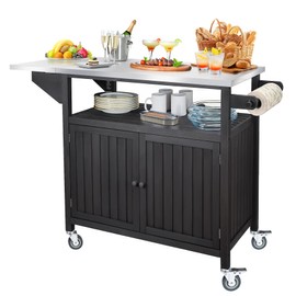 HOPEPIG Outdoor Grill Table, Solid Wood Grill Cart with Storage, Outdoor Prep Table with Stainless Steel Top, XL BBQ Tables Cart, Movable Kitchen Island for Outside Backyard Patio, Walnut