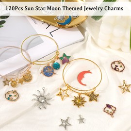 SANNIX 120Pcs Mixed Sun Star Moon Charms Jewelry Making Gold Enamel Charm Pendants for DIY Necklace Bracelet Making Supplies