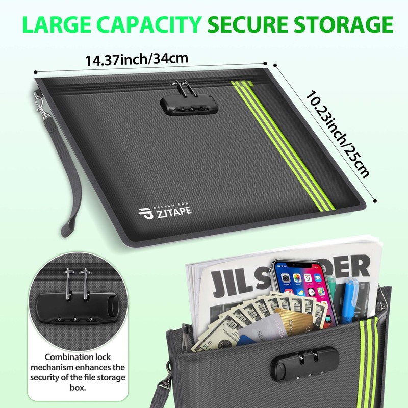 ZJTAPE Fireproof and Waterproof Bag with Lock - Document Bag