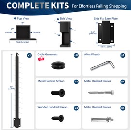 Gyykzz Side Mount Cable Railing Post 42" (Post Body 47.6"), Fixed Top Level Drilled Side Mount Post with Cable Grommets, Black Stainless Steel 304 Fascia Mount Metal Post, Wood Concrete Deck Rail Post