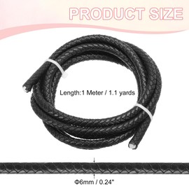 PATIKIL - Cuerda redonda de piel trenzado de 6 mm, cuerda de piel genuino trenzado para hacer joyas, manualidades, collares, pulseras, negro (1.1 yardas)