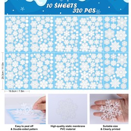 PPRAFDD 320 Pcs 10 Sheets Christmas Window Clings, Christmas Window Stickers, White Snowflake Window Decals, Double-Sided Reusable Winter Window Decoration Stickers for Holiday, Party Supplies