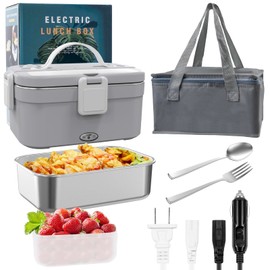 HaureiGi Electric Lunch Box for Adults, 80W Portable Warmer Leakproof Food Heater for Car Truck Work, 1.8L Heated LunchBoxes with Insulated Lunch Bag 12V 24V 110V(Gray)
