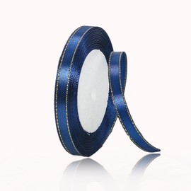 Navy Blue Satin Ribbons 3/8 Inch x 25 Yards, Fabric Ribbon with Gold Edges Border for Gift Wrapping, DIY Crafts, Floral Bouquets, Hair Bows, Sewing Projects, Baby Shower and Wedding Decorations