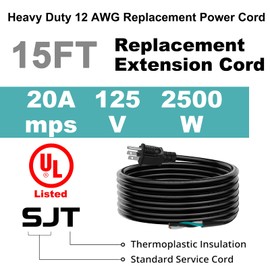 15 FT 12 AWG 3 Prong Replacement Power Cord, 20 Amp 12 Gauge 3 Conductor Wire Extension Cable with Pigtail Open Wiring End.