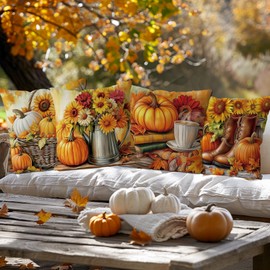QIONG MENG Fall Pillow Covers 16x16 Inch Set of 4 Pumpkin Flower Decorative Throw Pillow Cases Autumn Harvest Soft Pillowcase for Home Farmhouse Living Room Decor
