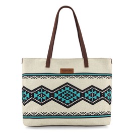 Montana West Wrangler Tote Purse Bag Aztec Canvas Shoulder Bags Native American Western Handbags for Women Genuine Leather Strap Hobo Bag WG53-8112BG