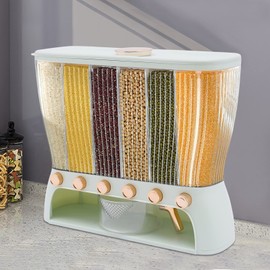 Treliamd Rice Dispenser, 6 Grid Dispenser, Dry Food Storage Kitchen Organization, Rice Container Suitable with Measuring Cup for Rice, Beans, Small Granular Grains