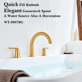 Roman Bathtub Faucet, Wintap Bath Tub Faucet Set Widespread 2 Handle 3 Hole Deck Mount Tub Faucets Brass High Flow Tub Filler with Rough-in Valve Gold WT-9807BG