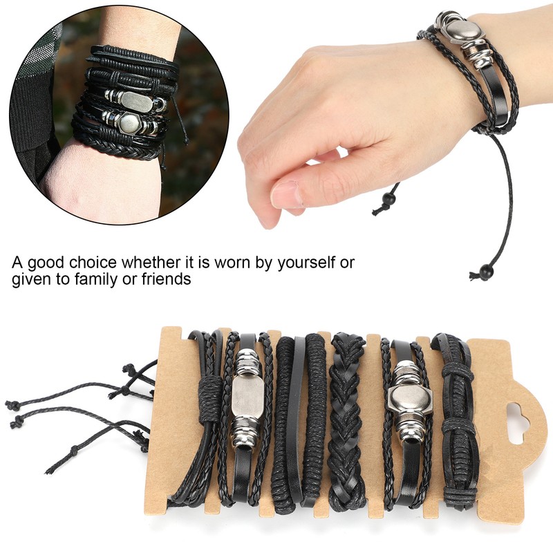 2Sets Adjustable Braided Bracelet Metal Inlaid Wristband Retro Style Cuff