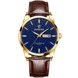 BINBOND Brown Leather Watches for Men Luxury Dress Business with Date Classic Casual Men's Wrist Watches Waterproof Luminous Gift for Men watch  jamtangan G2238 - Color: Brown/Blue