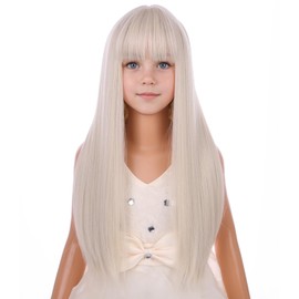 PATTNIUM Platinum Blonde Wig with Bangs for Kids Girls Long White Blonde Straight Wig for Child Heat Resistant Synthetic Wig with Wig Cap