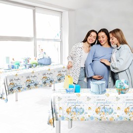 Gexlaju Little Pumpkin Baby Shower Table Cloths,Plastic A Little Pumpkin is On The Way Tablecloth Rectangle Blue PUM pkin Table Cloths for Boy Fall Baby Shower Party Supplies