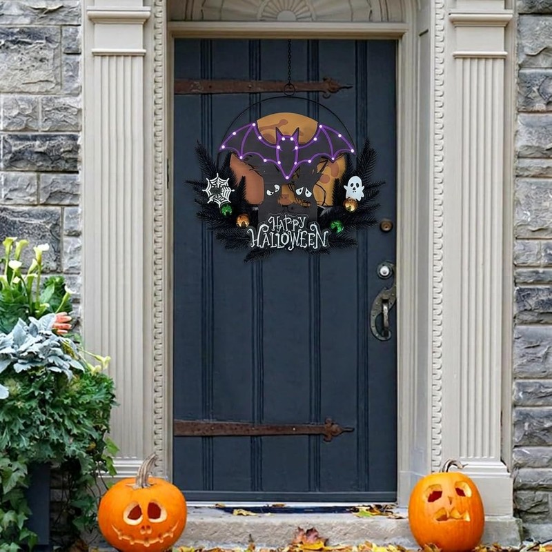 Pre-Lit Halloween Wreath for Front Door, Lighted Witch with 6H