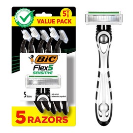 BIC Flex 5 Sensitive Men's Disposable with 5 Blade Razors, Longer Lasting Flexible Blades and Precision Edging Blade, 5-Pack