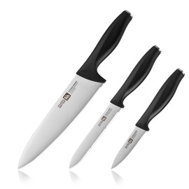 Klaus Meyer Acciaio High Carbon Stainless Steel 3 Piece Kitchen Knife Set, Chef Knife, Paring Knife, Utility Serrated Knife (Black)