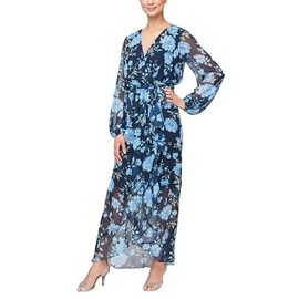 S.L. Fashions Women's Long Sleeve Tulip Overlay Skirt Maxi Dress with Surplice Neckline and Tie Belt, Navy Multi