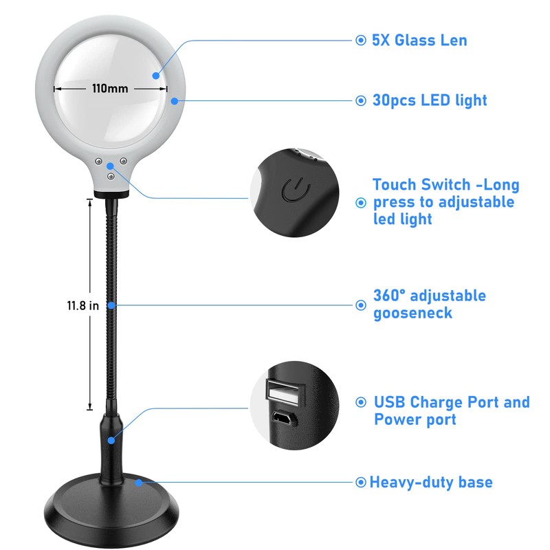 Rechargeable 5X Magnifying Desk Lamp,Delixike Hand Free Magnifying Glass with