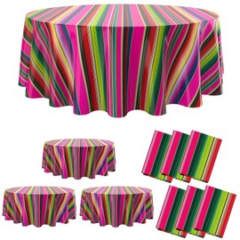 Oudain 6 Pcs Mexican Table Cloth Plastic Mexican Stripe Round Tablecloth Table Cloth Round Cover for Party Holiday Kitchen Dinning Table Banquet Picnic Fiesta