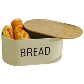 Bread Box with Bamboo Cutting Board Lid,Large Capacity Bread Storage Container for Kitchen Countertop,Rectangular Bread Bin Keeper, Loaf Bread Organizer,Metal Bread Holder Box for Toast Loaf Bun Bagel