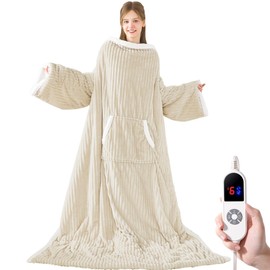 Heated Wearable Electric Blanket with Sleeves & Foot Pocket, Stripe Fleece Sherpa, 6 Heat Levels 12H Timer Setting, Over-Heat Protection, Machine Washable, 52x72 Inches Gray for Office/Home/Gift