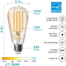 TJOY 12 Pack Vintage 8W ST58 LED Edison Amber Light Bulbs, 60W Equivalent, 800 Lumens, 2200K Soft White, Dimmable, E26 Base LED Filament Bulbs, CRI80+, Antique Glass Style for Home, Bedroom