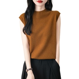 Chanyarn Women's 100% Merino Wool Spring Fall Winter First-Line Ready to Wear Mock Neck Seamless Knit Sleeveless Sweater Vest (Caramel,S)